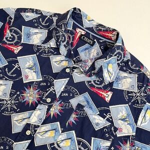 Chaps Mens Travel Stamp Blue Short Sleeve Button Down Shirt, Chaps Button Up S19